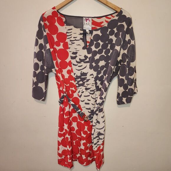 Anthropologie Yoana Baraschi Silk Polka Dot Feather Art Patch Dress Womens Large - Picture 3 of 13